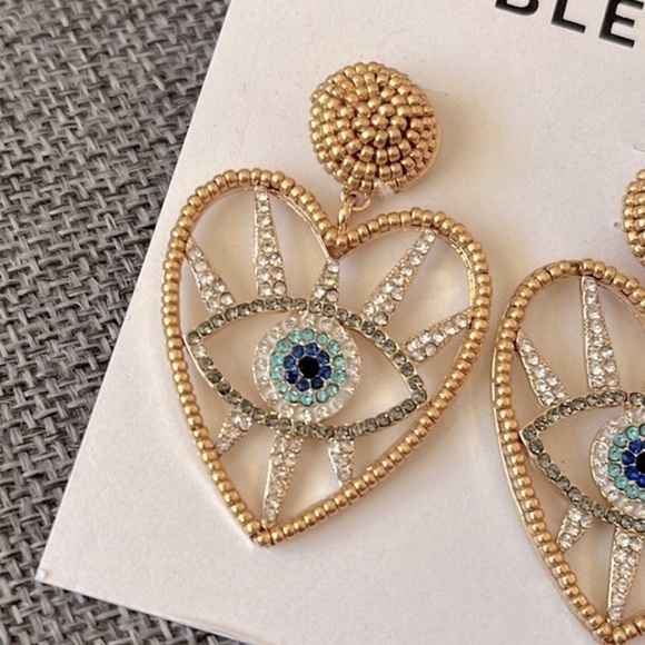 Brand New BaubleBar Evil Eye Heart Gold Tone Beaded Sparkly Drop Earrings - Picture 5 of 11